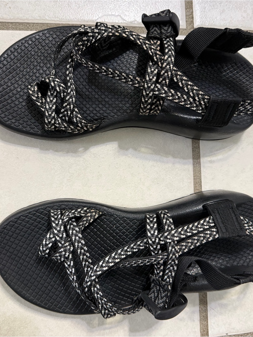 Chaco Black Sandals with Black-and-White Patterned Rope Straps